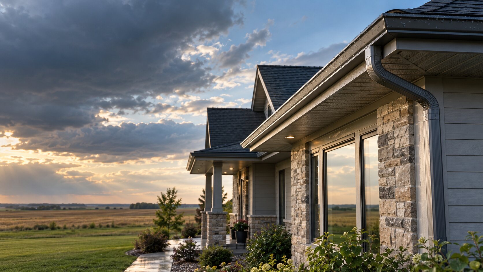 Illustrative prairie home with continuous eavestrough and downspouts after rain